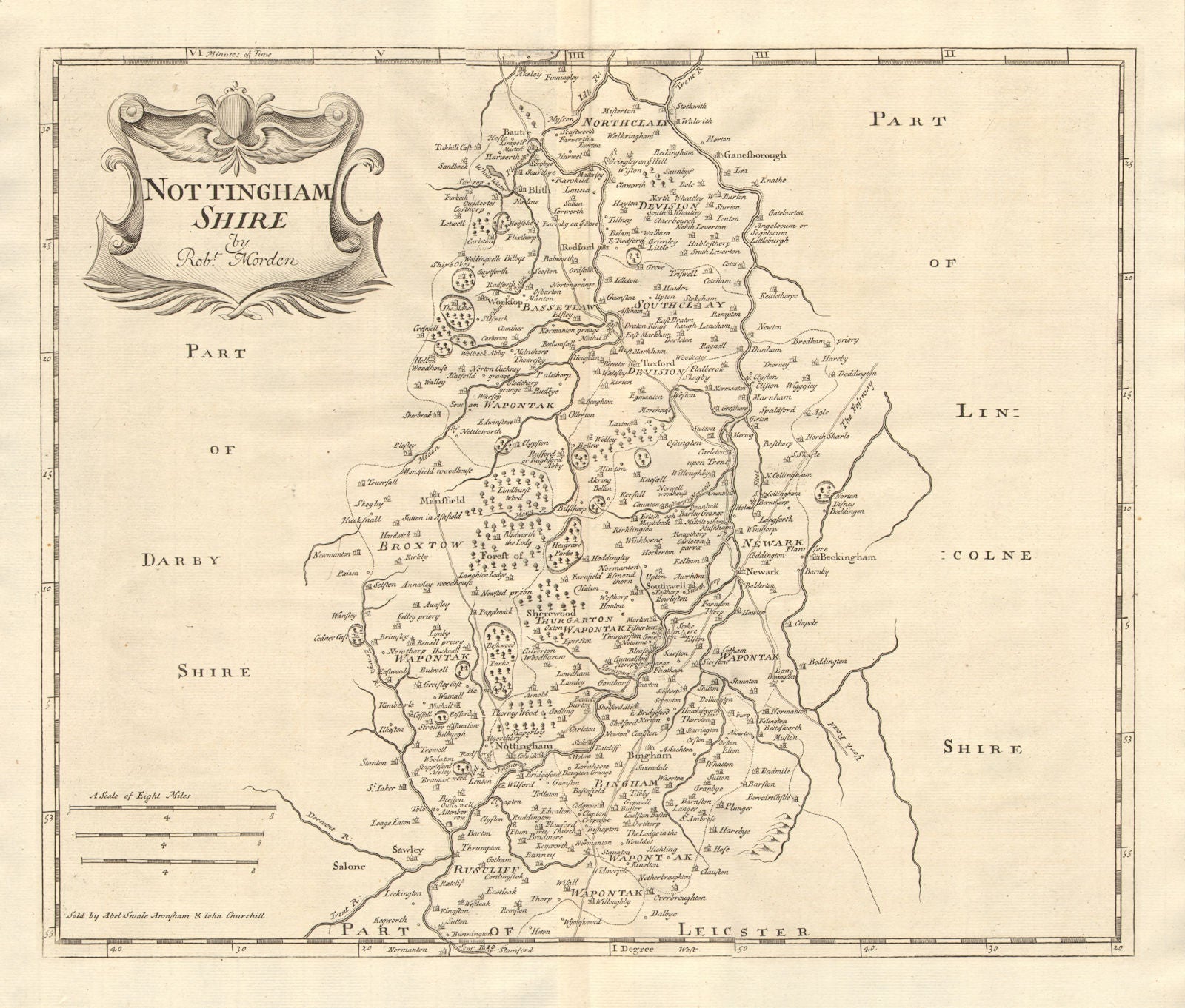 NOTTINGHAMSHIRE. by ROBERT MORDEN from Camden's Britannia 1772 old antique map